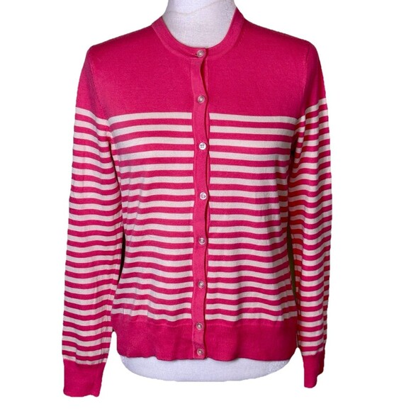 Women’s Pink Striped Lightweight Cardigan Feminine Coastal Parisian Chic Sz XS - Picture 1 of 8